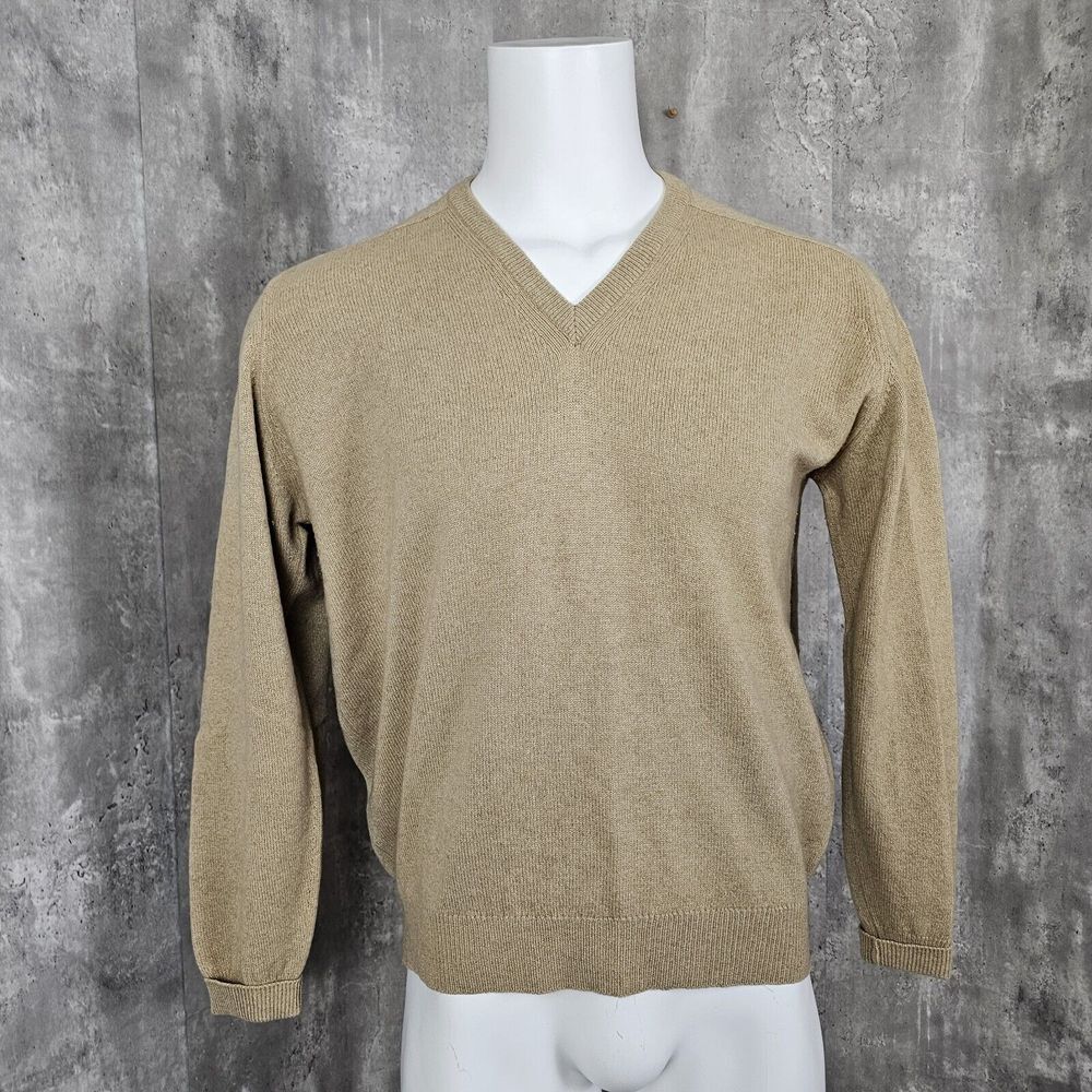 Vintage 80s Lands End Mens L Tan 100% Cashmere‎ Knit VNeck Sweater SCOTLAND